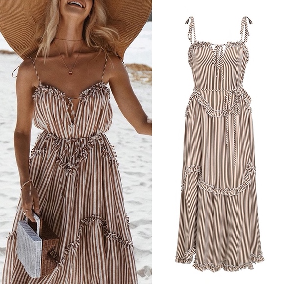 🌸 BOHO STRIPPED MAXI LONG DRESS RUFFLE DARLING - Picture 7 of 7